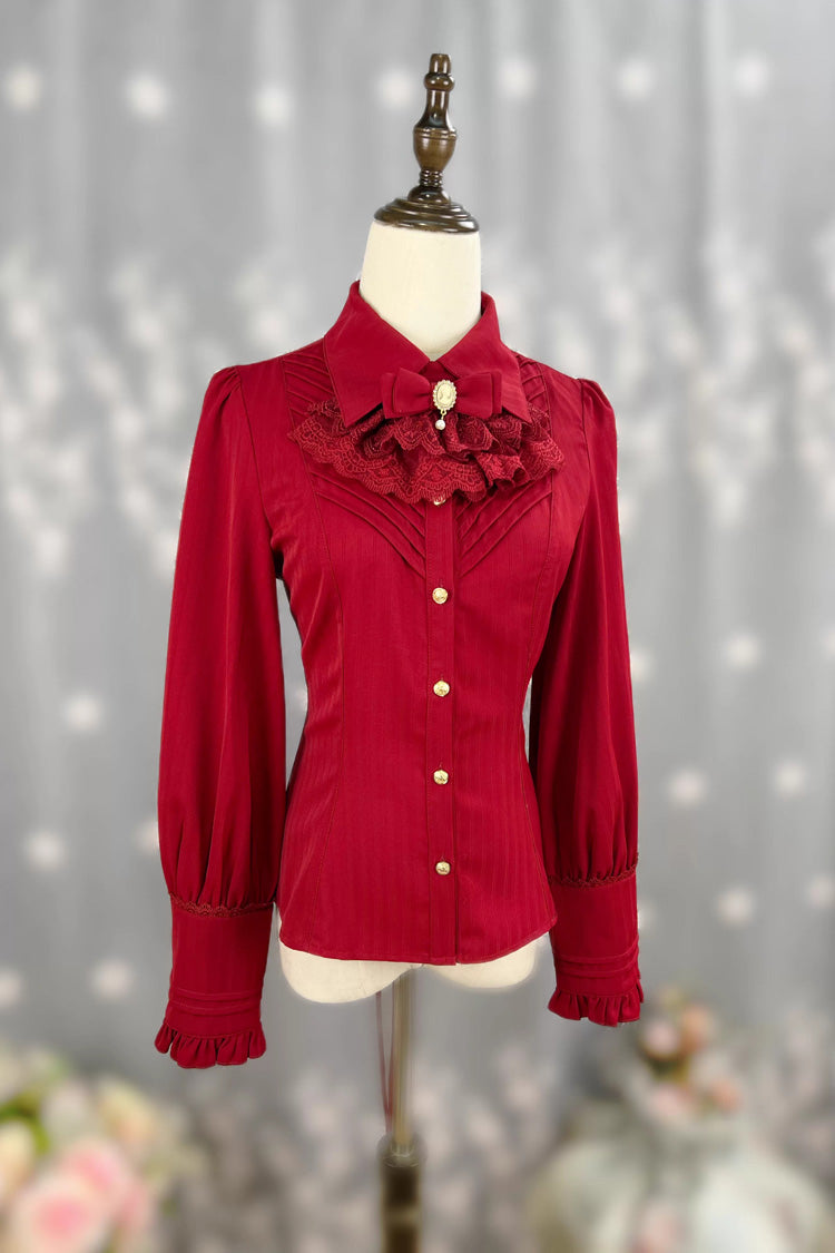 [Enchanted Dreamland] Lapel Collar Long Sleeves Ruffled Lace Slim Classic Elegant Lolita Blouse 6 Colors - Product - 13