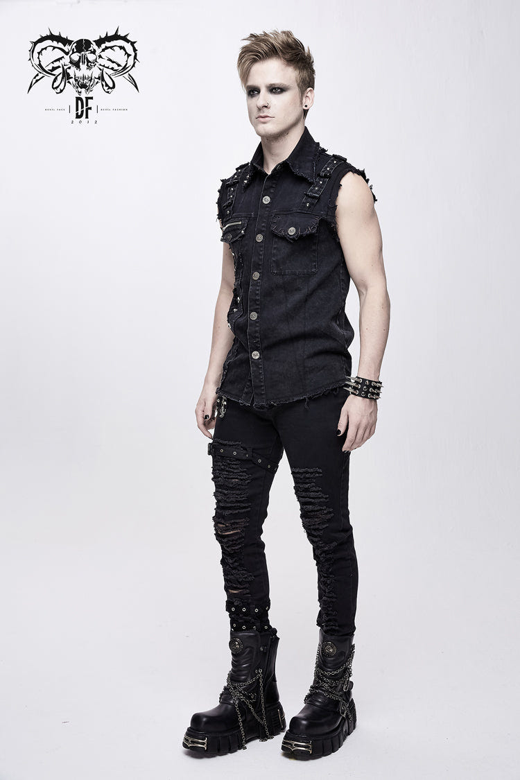 Black Faded Shoulder Bullet Clip Rivet Men's Punk Waistcoat - Product - 4