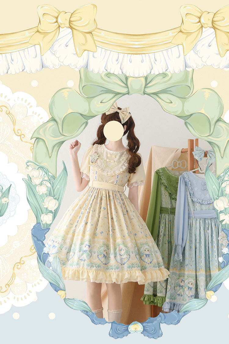 Beige [Lily of the Valley Cat] Print Ruffle Embroidery Bowknot Sweet Lolita Dress - Product - 2