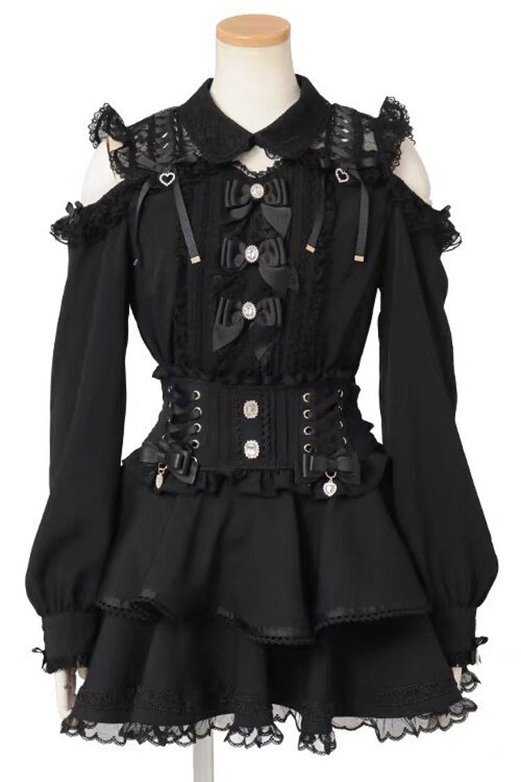 Sweet Lapel Collar Off Shoulder Long Sleeves Bow Spliced Lace Plus Size Japanese Lolita Blouse 3 Colors - Black - 1