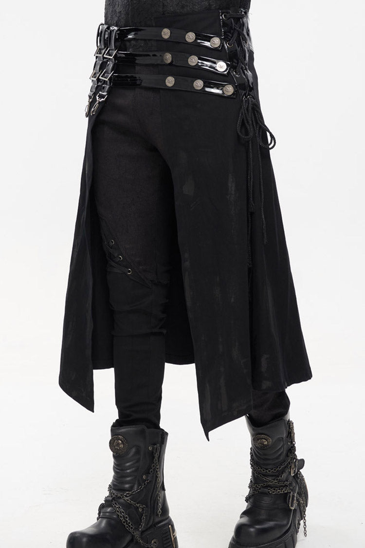Black Punk Patent Leather Paneled Belt Irregular Print Metal Men's Skirt - Product - 7