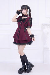 Red [Waltz] Short Sleeves Ruffle Bowknot Gothic Jirai Kei Japanese Dress Set - Product - 7