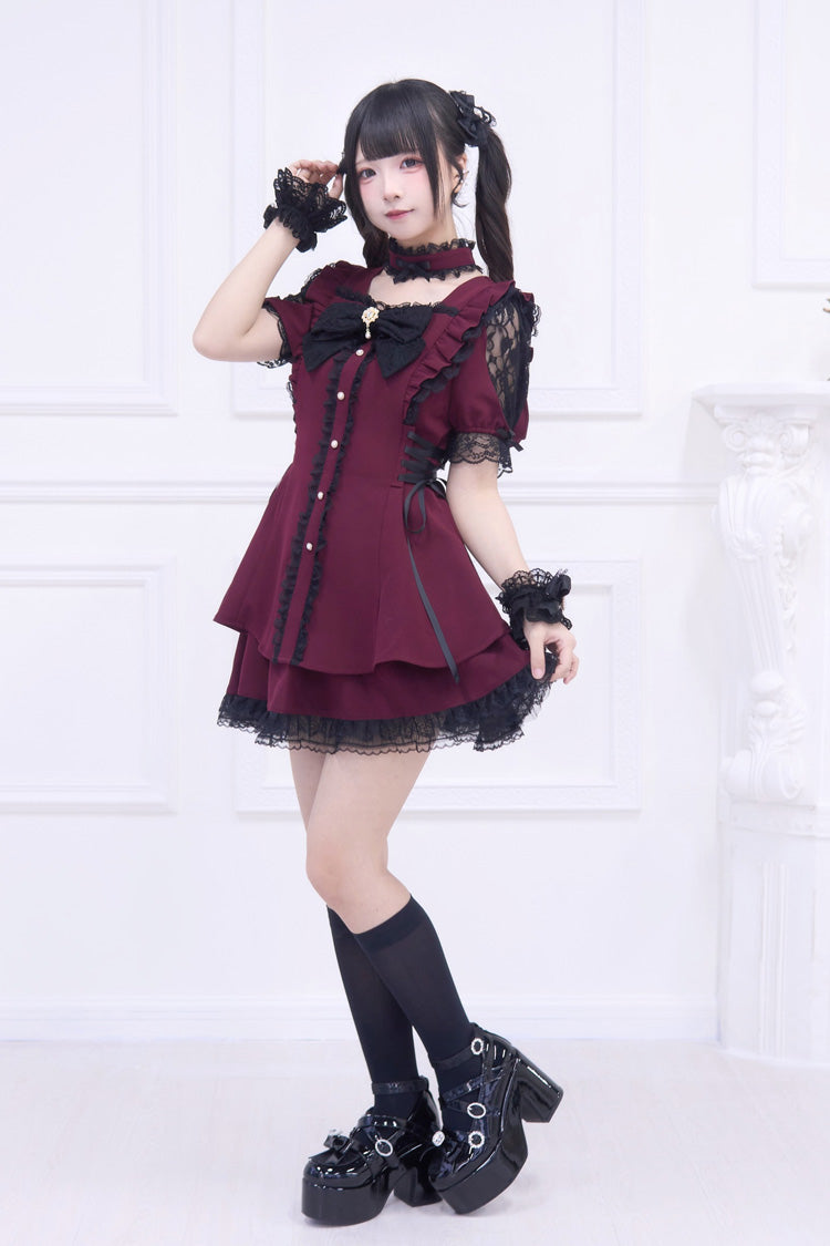 Red [Waltz] Short Sleeves Ruffle Bowknot Gothic Jirai Kei Japanese Dress Set - Product - 7