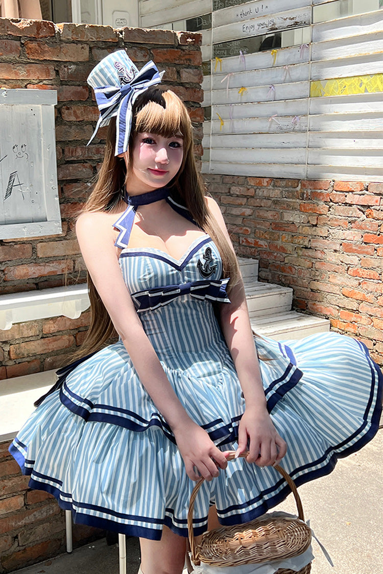 Blue [Sailing Sweetheart] Double-Layered Vertical Stripes Print Ruffle Bowknot Sweet Lolita Dress - Product - 9