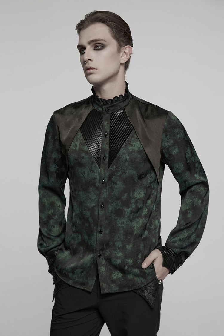 Black/Green Stand Collar Long Sleeves Ruffle Pleated Men's Gothic Blouse - Product - 2