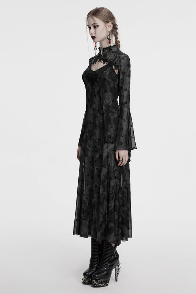 Grey Long Sleeves Print Hollow Mesh Women's Gothic Slip Dress with Cape - Product - 2