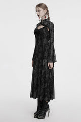 Grey Long Sleeves Print Hollow Mesh Women's Gothic Slip Dress with Cape - Product - 2