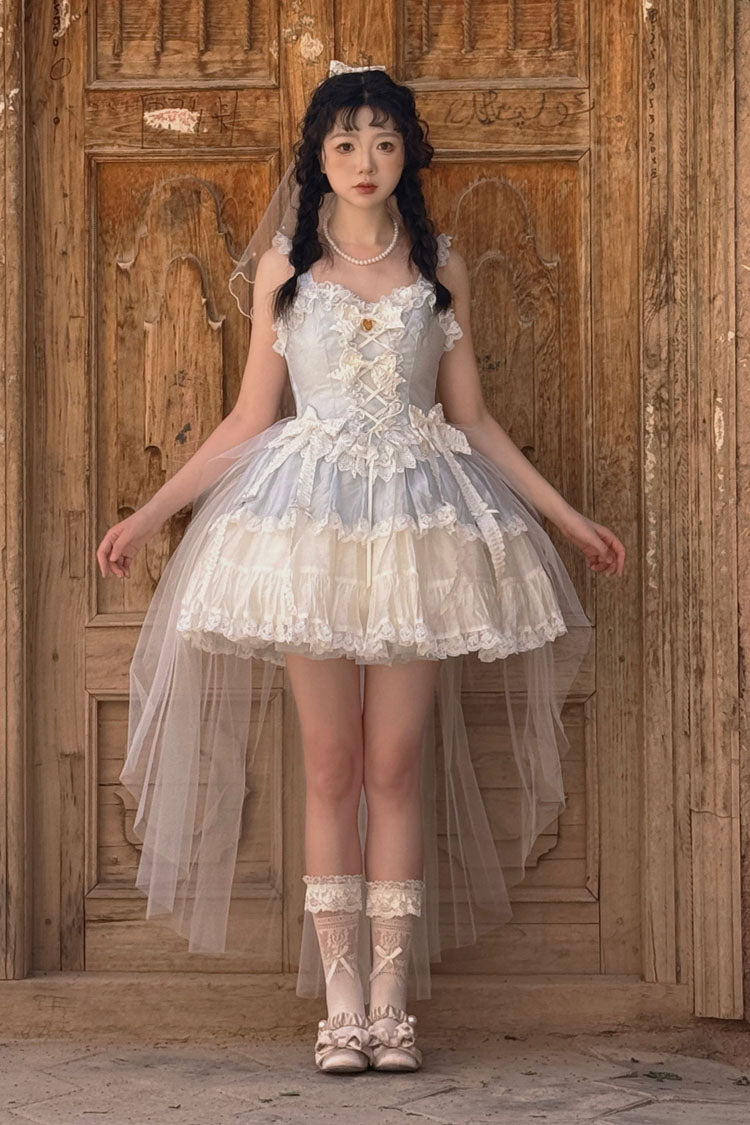Blue [Sweetheart Splolita] Ruffle Bowknot Lace-Up Sweet Lolita Skirt Set - Product - 2