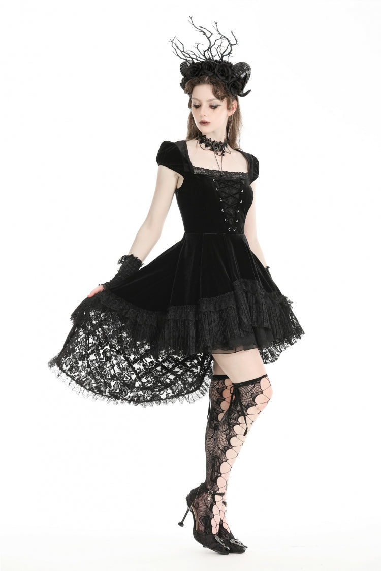 Black Square Collar Cap Sleeves Lace-Up High/Low Lace Ruffled Women's Gothic Princess Velvet Dress - Product - 7