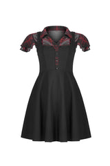 Black/Red V-Neck Ruffled Short-Sleeved Check Chiffon Waisted Skull Stud Women's Punk Dress - Product - 5