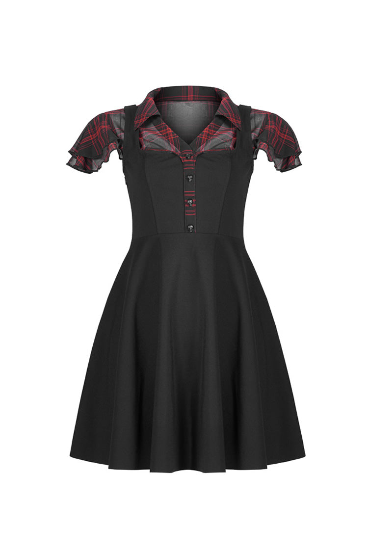Black/Red V-Neck Ruffled Short-Sleeved Check Chiffon Waisted Skull Stud Women's Punk Dress - Product - 5