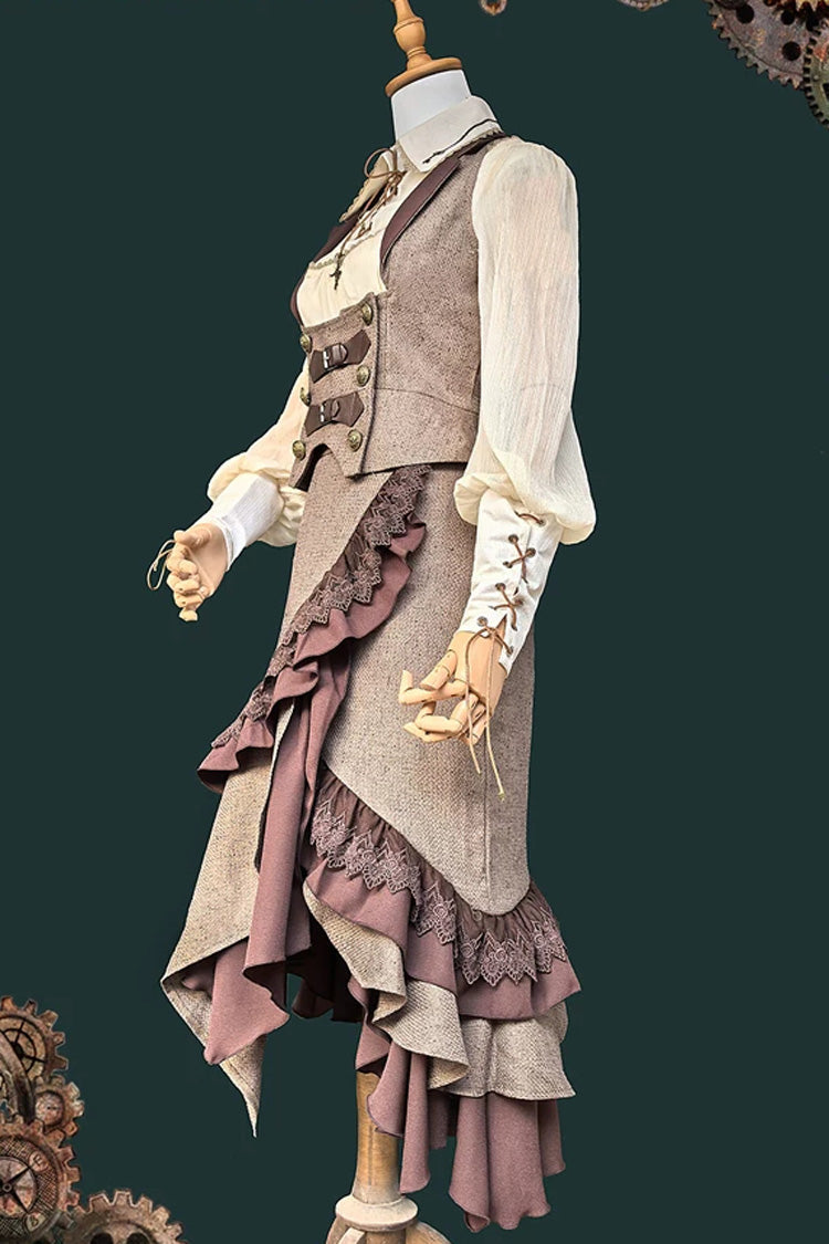 Coffee Brown [The Traveler] Sleeveless Ruffled Irregular Asymmetric Punk Lolita Skirt Set - Product - 3