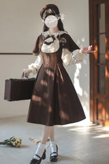 Brown/White [Sunset Academy] Long Sleeves Ruffle Bowknot Fake Two Pieces Vintage College Style Elegant Lolita Dress - Product - 9