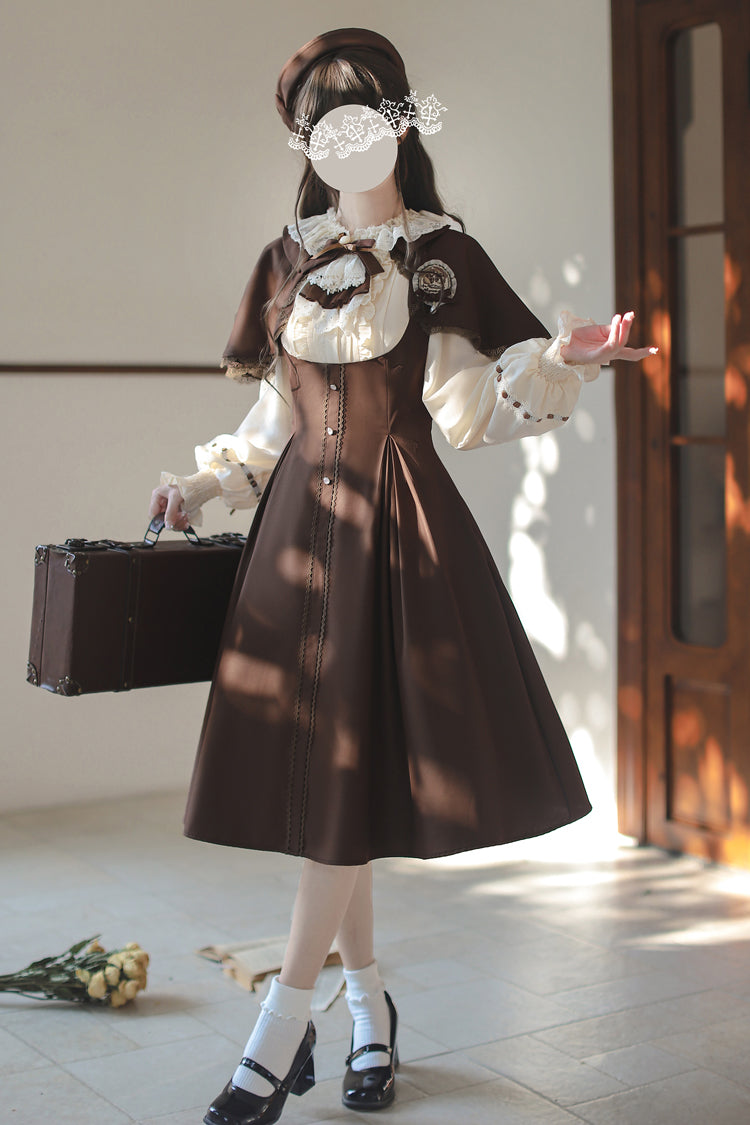 Brown/White [Sunset Academy] Long Sleeves Ruffle Bowknot Fake Two Pieces Vintage College Style Elegant Lolita Dress - Product - 9