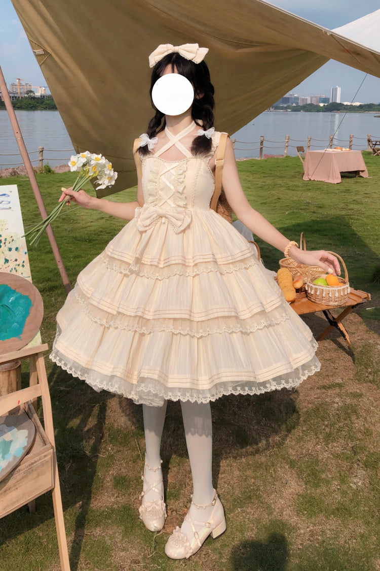 Apricot First Love Triple-Layered Ruffle Bowknot Lace Sweet Lolita Jsk Dress - Apricot - 1