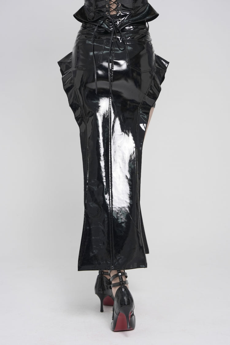 Black Cut-Out Irregular Zippered Women's Punk Long Skirt - Product - 12