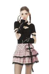 Pink Rock Heart Plaid Double-Layered Ruffled Women's Lolita Mini Skirt with Lace Hem - Pink - 1