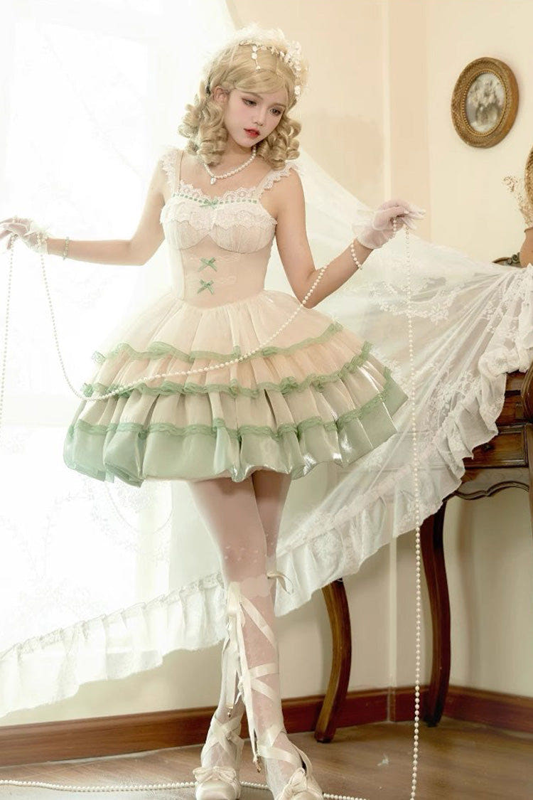 Ivory/Green Glass Dream Multi-layer Ruffle Fish Bone Sweet Lolita Jsk Dress - Ivory/Green - 1