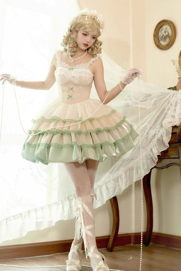 Ivory/Green Glass Dream Multi-layer Ruffle Fish Bone Sweet Lolita Jsk Dress - Ivory/Green - 1