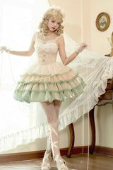 Ivory/Green Glass Dream Multi-layer Ruffle Fish Bone Sweet Lolita Jsk Dress - Ivory/Green - 1