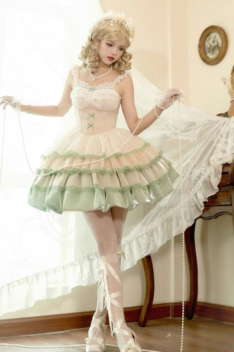 Ivory/Green Glass Dream Multi-layer Ruffle Fish Bone Sweet Lolita Jsk Dress - Ivory/Green - 1