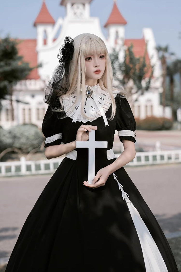 Black/White Short Sleeves Color-blocked with Detachable Embroidered Faux Collar Gothic Lolita Dress - Product - 5