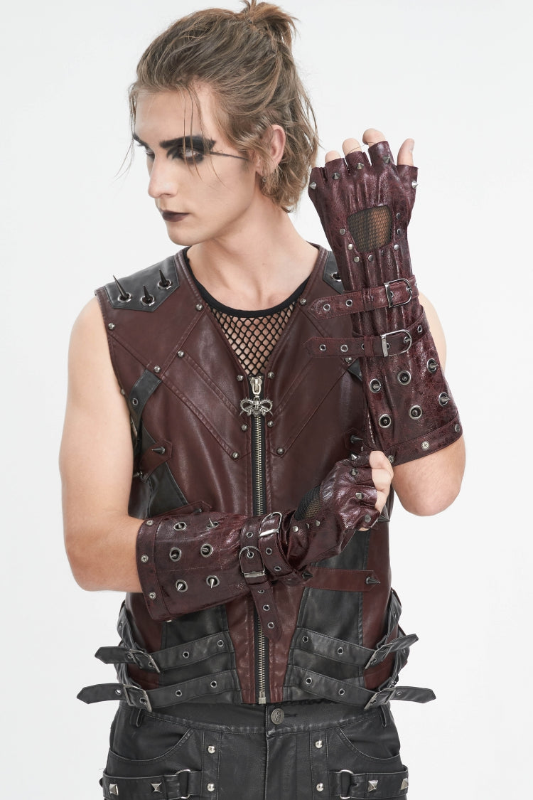 Red Spliced Mesh Studded Buckled Men's Gothic Accessory Half-finger Gloves - Product - 4