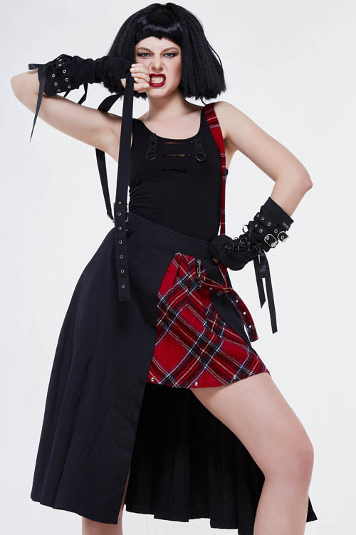 Black And Red Young Girls Fake 2 Pieces Scottish Plaid With Adjust Loops Punk Skirt - Product - 5