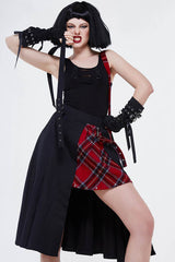 Black And Red Young Girls Fake 2 Pieces Scottish Plaid With Adjust Loops Punk Skirt - Product - 5