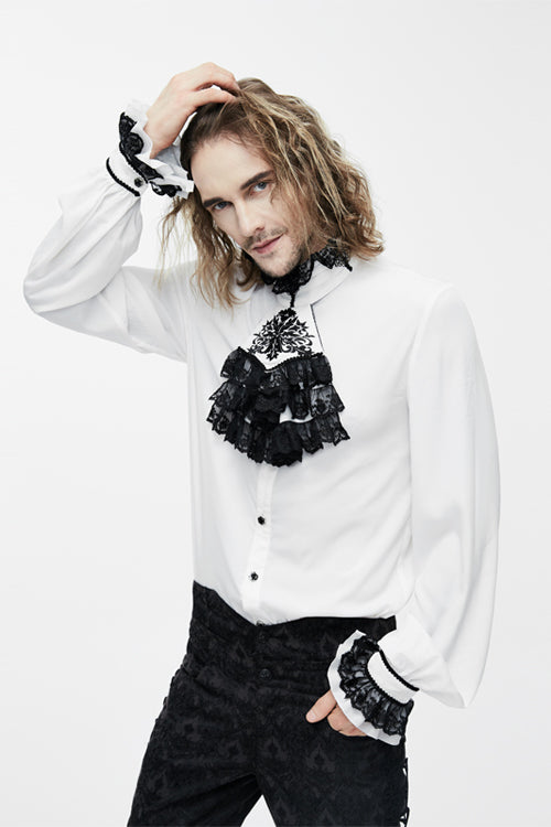 White Chiffon Chest Embroidery Lace Sleeves Mens Gothic Blouse - Product - 2