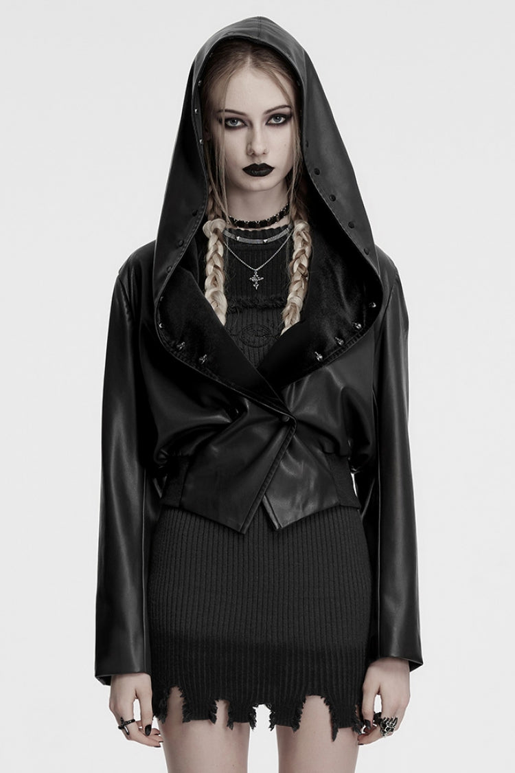 Black Long Sleeves Elastic Waist Faux Leather Hooded Women's Punk Jacket - Black - 1