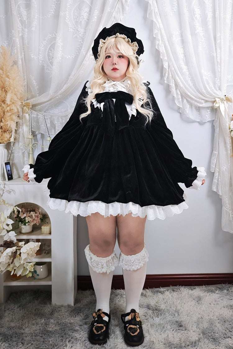 Black [Antique Velvet Doll] Stand Collar Long Sleeves Ruffled Bow Gothic Plus Size Lolita Dress - Product - 8