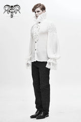 White Ruffle Stand Collar Lantern Sleeves Jacquard Men's Gothic Blouse - Product - 3
