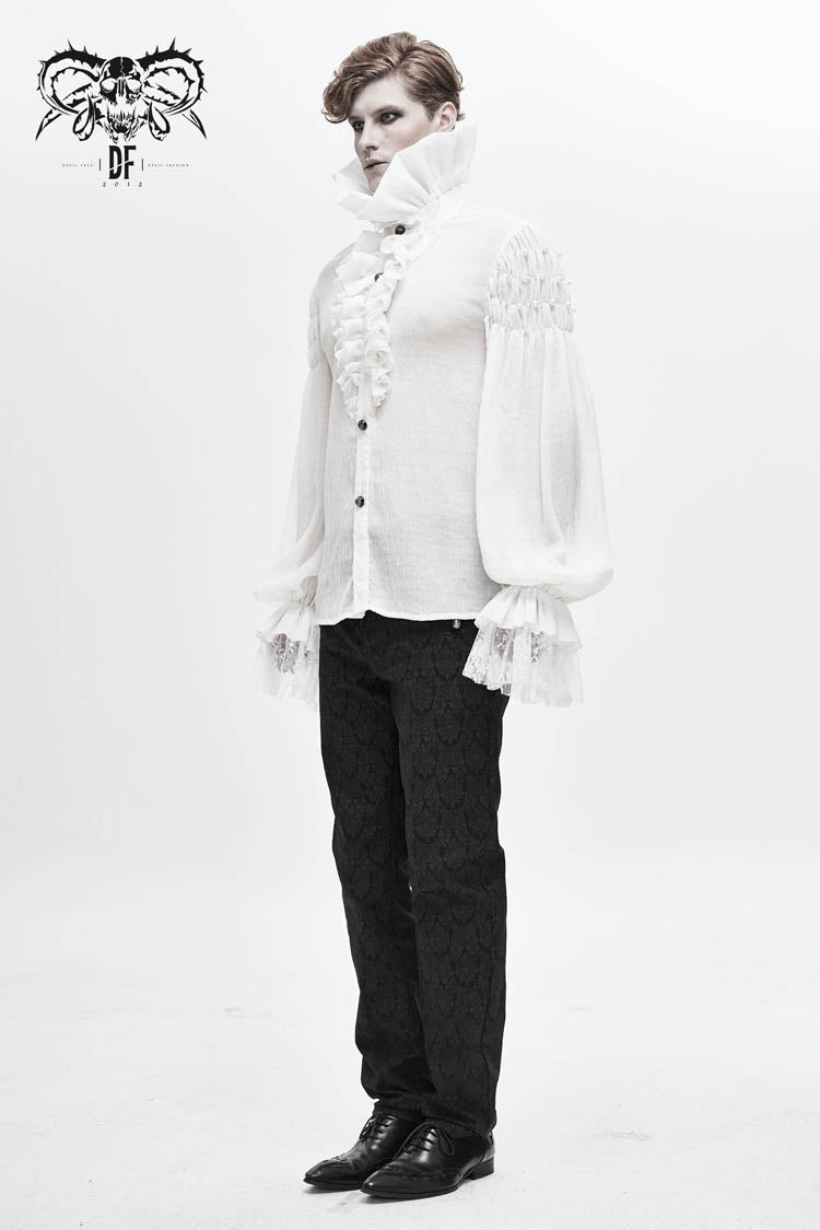 White Ruffle Stand Collar Lantern Sleeves Jacquard Men's Gothic Blouse - Product - 3
