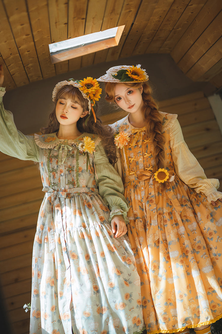 Green [Gardening Sunflower] Sleeveless Print Ruffle Bowknot Sweet Elegant Lolita Jsk Dress - Product - 14