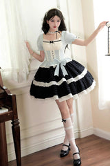 Black/Blue Mint Dark Chocolate Fake Two-piece Square Collar Ruffle Bowknot Sweet Lolita Dress - Black/Blue - 1