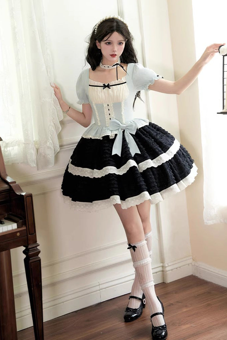 Black/Blue Mint Dark Chocolate Fake Two-piece Square Collar Ruffle Bowknot Sweet Lolita Dress - Black/Blue - 1