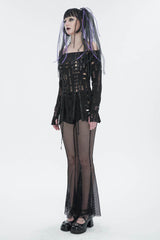 Black Elastic Ripped One Shoulder Rope Style Halter Neck Long Sleeves Women's Gothic T-Shirt - Product - 4