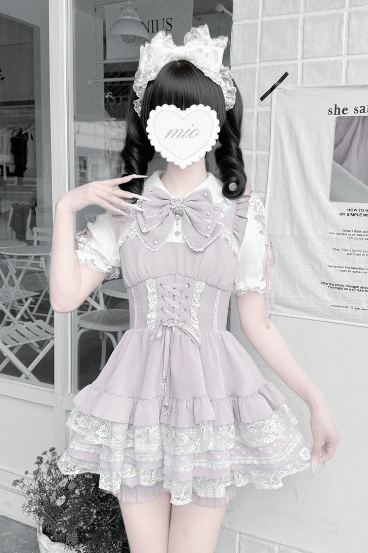 [Heart Key Treasure Box] Lapel Collar Short Sleeves Printed Ruffled Bow Lace-Up Japanese Jirai Kei Dress Shorts Set 3 Colors - Product - 9