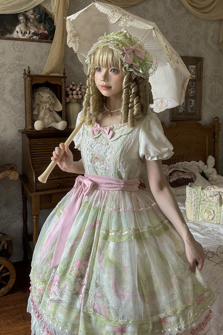 Pink/Green [Bamboo Rabbit] Peter Pan Collar Short Sleeves Printed Ruffled Embroidered Bow Sweet Lolita Dress - Product - 13