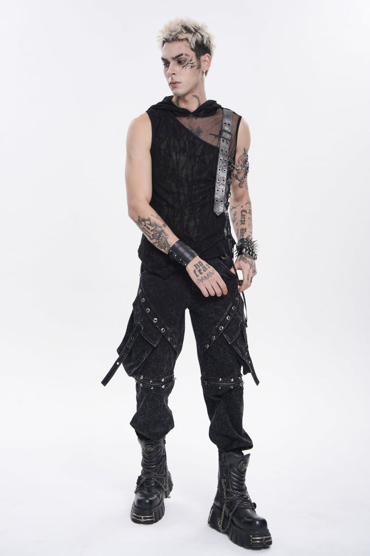 Black Hooded Sheer Asymmetric Chain-Decorated Men's Punk Hooded Vest - Product - 8