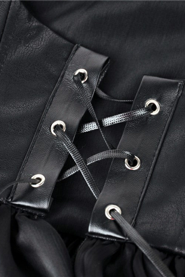 Black Chiffon Sleeveless Cut-Out Chest Irregular Hem Lace-Up Buckled Women's Punk Jacket - Product - 14