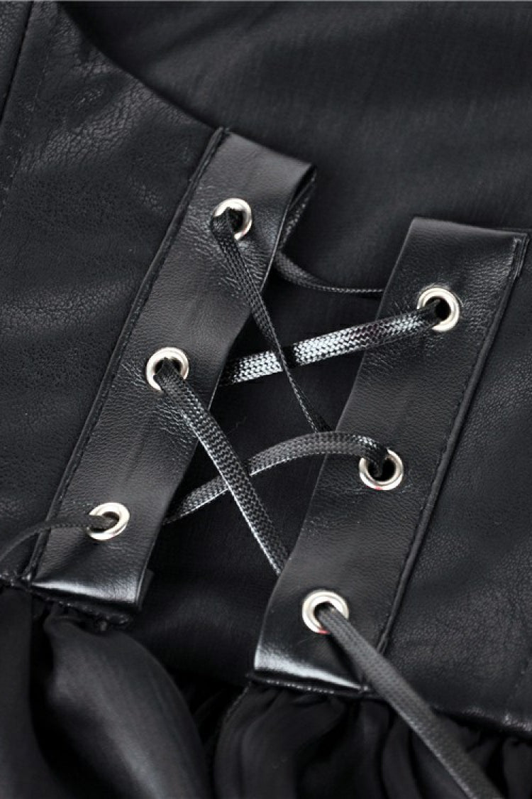 Black Chiffon Sleeveless Cut-Out Chest Irregular Hem Lace-Up Buckled Women's Punk Jacket - Product - 14