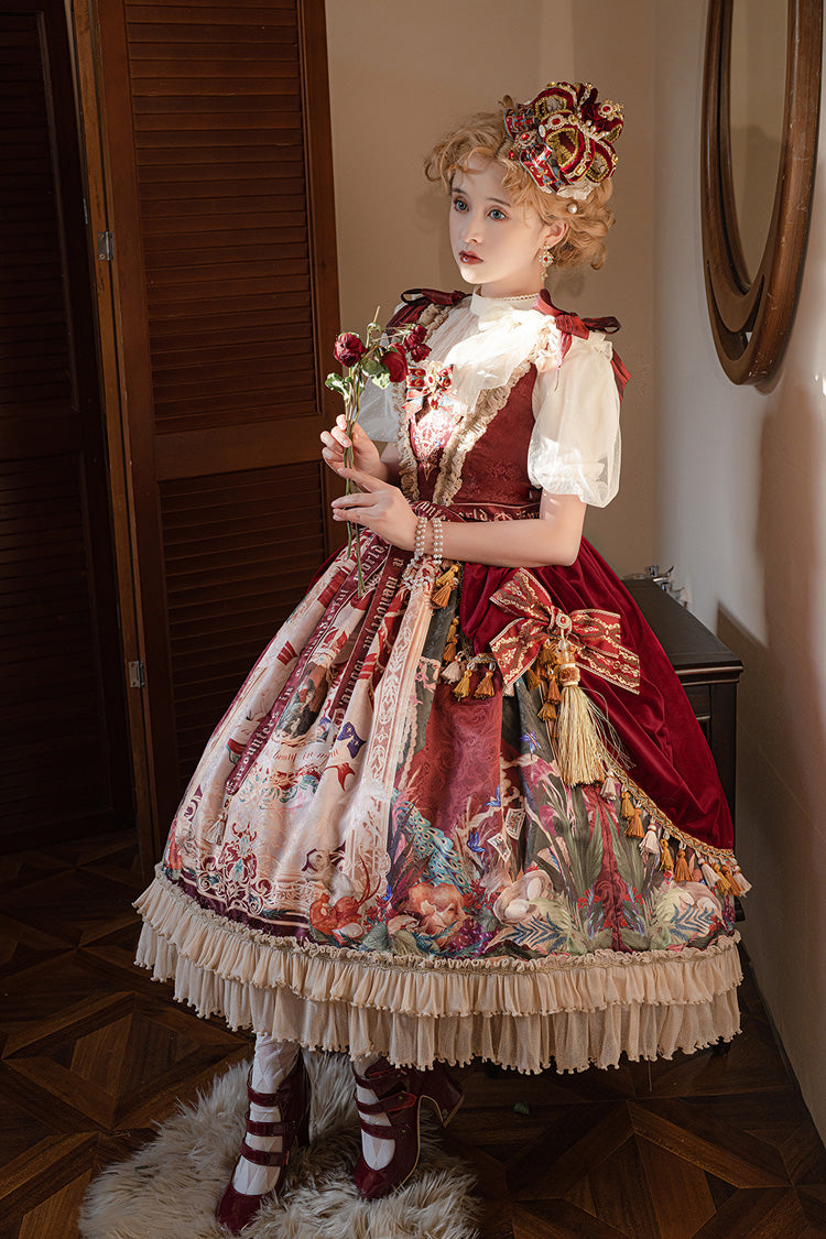 Red [Kaleidoscope of Dreams] Sleeveless Double-Layered Print Embroidery Bowknot Classic Vintage Gorgeous Lolita Jsk Dress - Product - 2