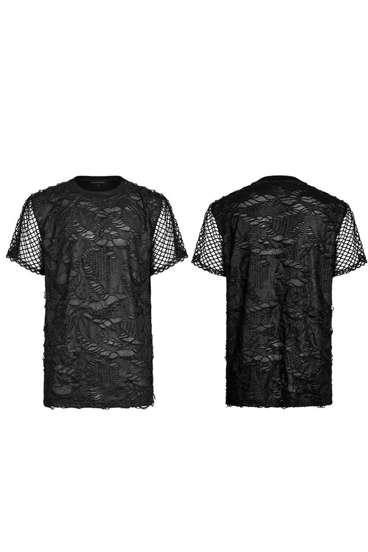 Black Punk Irregular Ripped Mesh Stitching Stretch Loose Knit Short Sleeved Men's T-Shirt - Product - 5