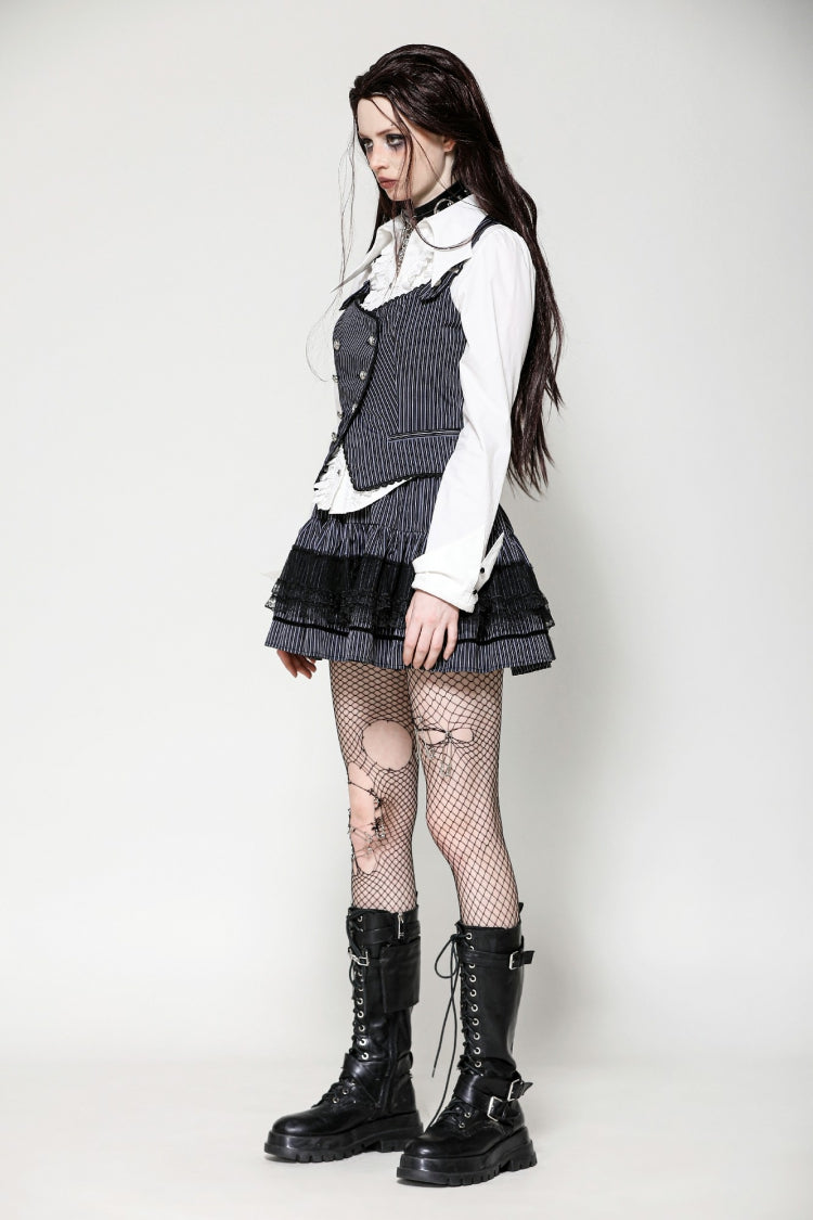 Black/White Striped Buckled Women's Gothic College Style Vest - Product - 8