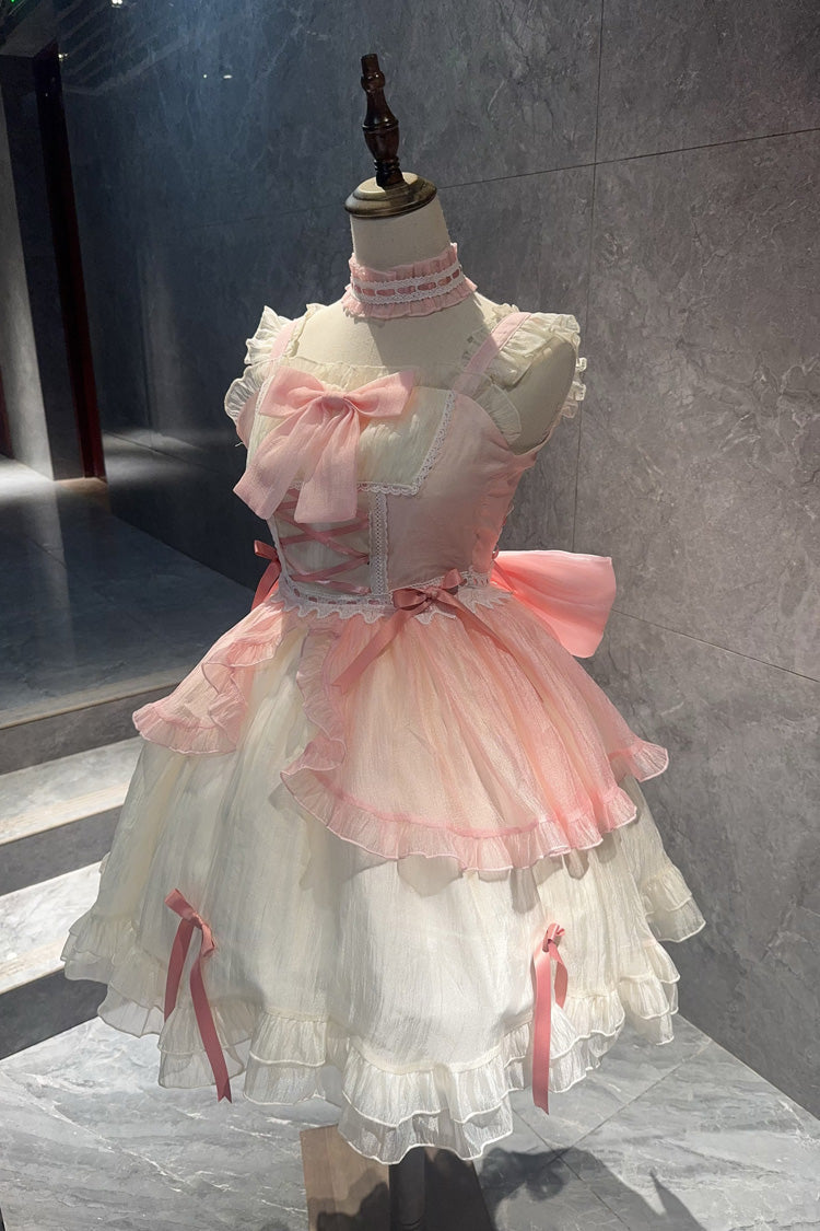 White/Pink [Sweet Sakura Bow] Sleeveless Double-Layered Ruffled Bow Sweet Princess Lolita Jsk Dress - Product - 4
