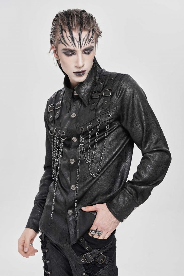 Black Lapel Collar Long Sleeves Buckled Strappy Chain-Decorated Men's Punk Shirt - Product - 2