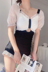 Black/White Short Sleeves Ruffle Cute Sweet Lolita Strapless One Piece Swimsuit - Product - 2