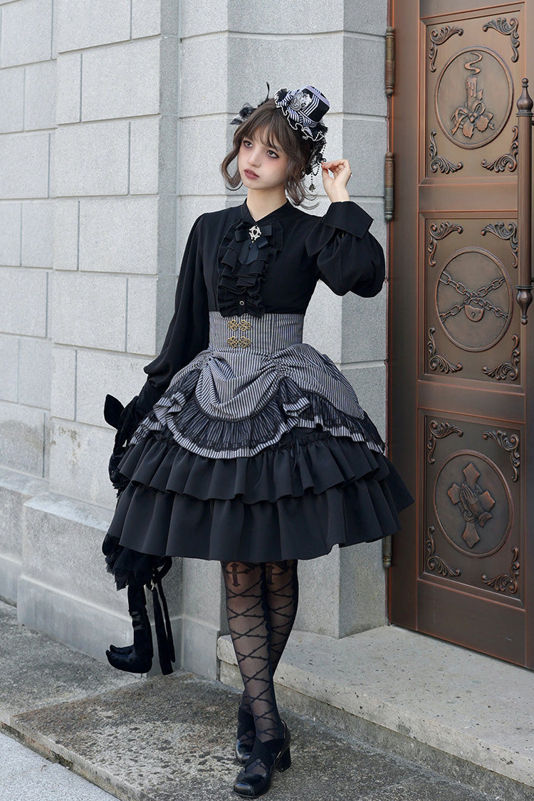 Black [Point Manor] Multi-Layered Striped Printed Ruffled Lifted Hem Bow Gothic Lolita Skirt - Black(Skirt-Only) - 1